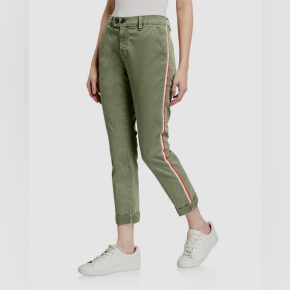 Green Mid Rise-Stretch Slim Straight Side Stripe Jeans